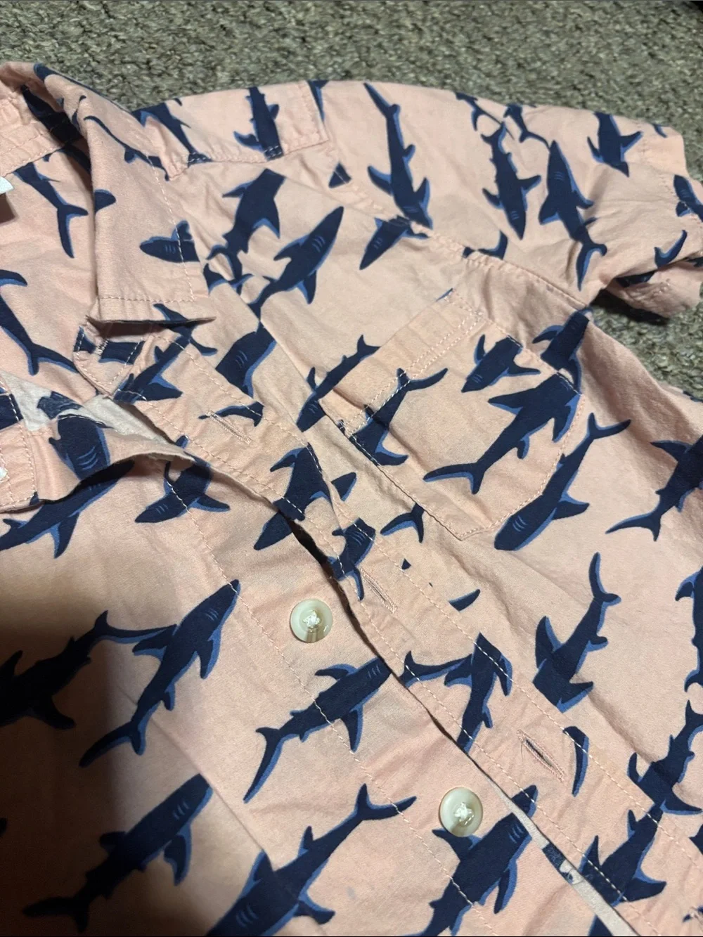 Old Navy Pink Short-Sleeve Button-Down Shirt with Navy Shark Print